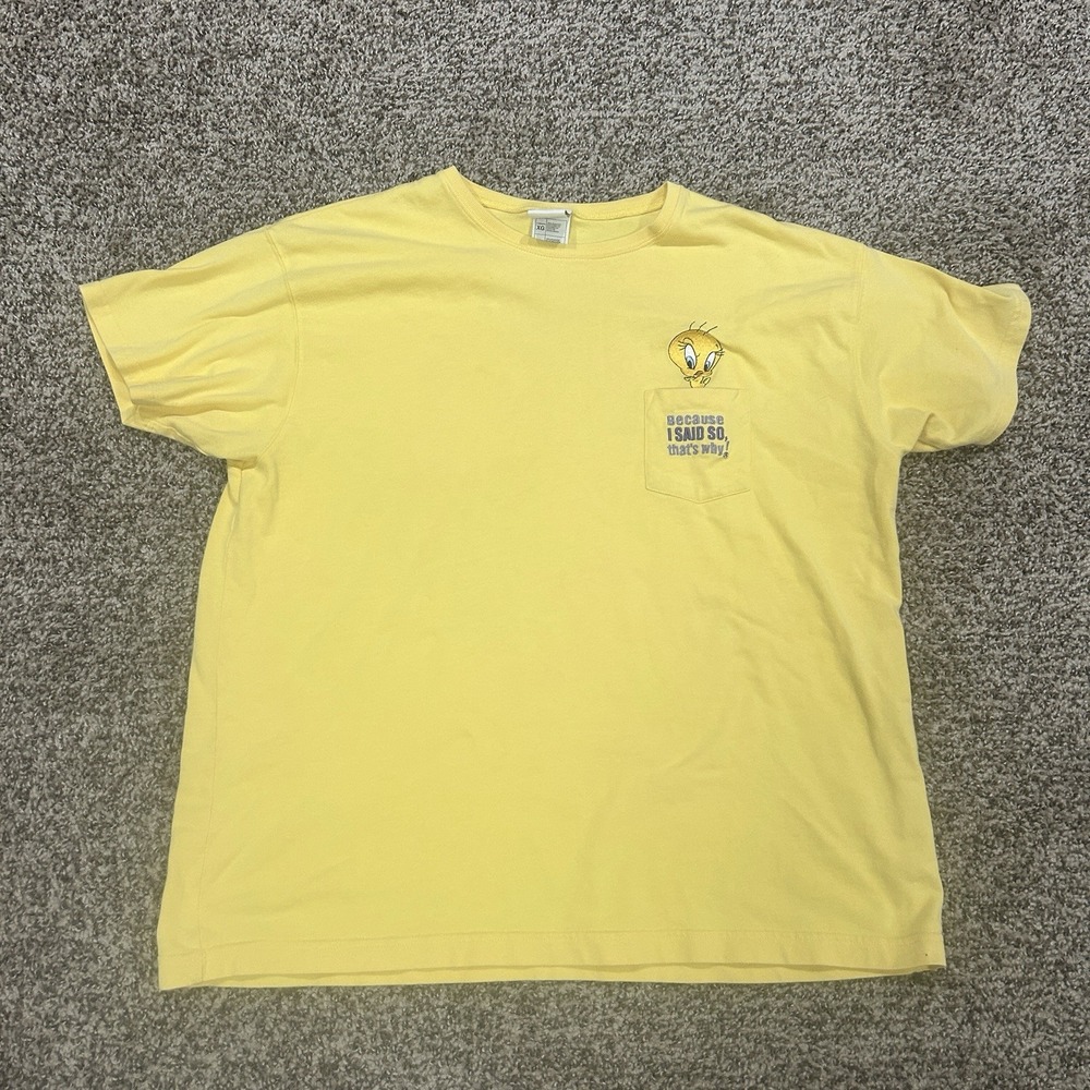 Vtg Warner Bros. Tweety Bird Yellow Pocket T-shirt Size XL Embroidered